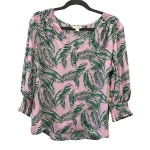 Maison Jules Womens Pink Green Palm Print Blouse 1X  3/4 Sleeves Smocked Details